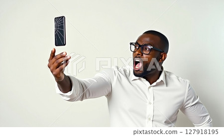 Frustrated African American Man Examining a Broken Smartphone, Expressing Disappointment, Phone Damage Frustrated African American Man Examining a Broken Smartphone, Expressing Disappointment, Phone Damage 127918195