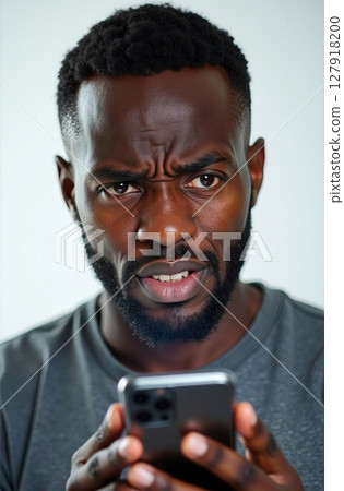A close-up shot of a young African American man with an angry expression, furrowed brow, and frustration as he intensely stares at his smartphone screen, reflecting modern technology s impact A close-up shot of a young African American man with an angry expression, furrowed brow, and frustration as he intensely stares at his smartphone screen, reflecting modern technology s impact 127918200