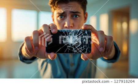 Frustrated Man Holding Broken Smartphone with Cracked Screen Display in Dispair. 127918204