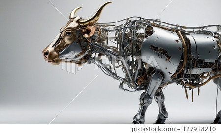 Golden and silver steampunk bull sculpture with intricate mechanical details. 127918210
