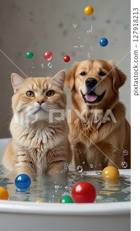 A Golden Retriever dog and a ginger cat are sitting in a bathtub full of water and colorful balls. 127918213