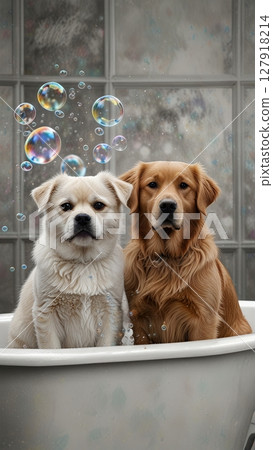 Two Adorable Dogs Taking a Bubble Bath Together in a Retro Styled Bathtub 127918214