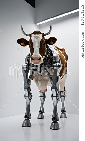 A robotic cow sculpture with a white and brown coat stands on a white background. 127918215