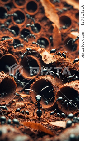 Closeup of a bustling anthill with numerous black ants working together in their natural habitat 127918216