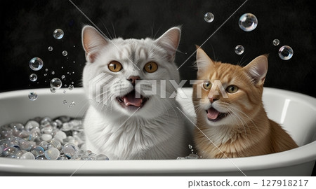 Two cats sit in a bathtub full of bubbles. Ginger and white cats. 127918217
