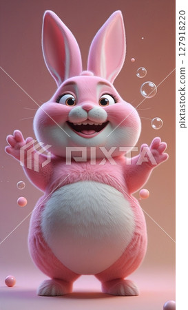 Adorable and cheerful pink cartoon rabbit character isolated on a vibrant blue background, smiling. Easter bunny. 127918220