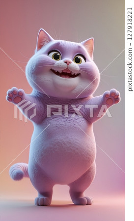 A Cute and Cheerful Purple Cat with Outstretched Arms on a Peach Background Looking Very Happy 127918221