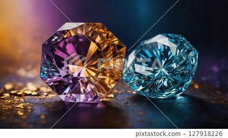 Stunning Collection of Multi-colored Gemstones Displayed on a Rich Dark Blue Background 127918226
