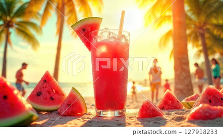 Refreshing Watermelon Juice on Tropical Beach with Palm Trees and Sunset Scenery. Refreshing Watermelon Juice on Tropical Beach with Palm Trees and Sunset Scenery. 127918233