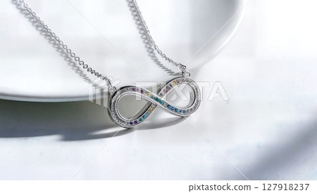 Stylish Silver Infinity Pendant Necklace with Rainbow Accents for Elegance LGBTQ concept 127918237
