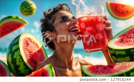 Refreshing Watermelon Delight Woman Enjoying Summer with a Glass of Juice on the Beach. Refreshing Watermelon Delight Woman Enjoying Summer with a Glass of Juice on the Beach. 127918244