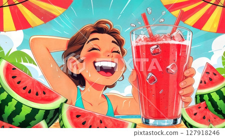 Summer Joy Girl with Watermelon Drink on Beach, Refreshing Vacation, Happy Vibes Summer Joy Girl with Watermelon Drink on Beach, Refreshing Vacation, Happy Vibes 127918246