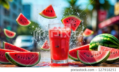 Vibrant Watermelon Delight Refreshing Juice with Slices, a Perfect Summer Thirst Quencher 127918251