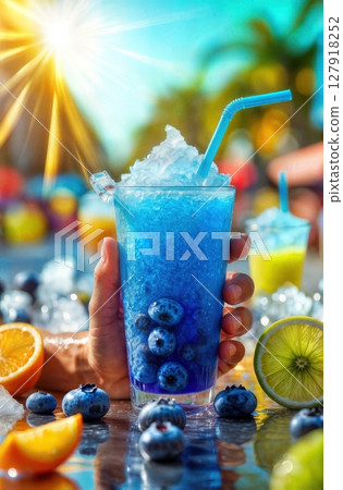 Refreshing Blueberry Slush with Citrus Fruits on a Sunny Day, Summer Vacation Beverage 127918252