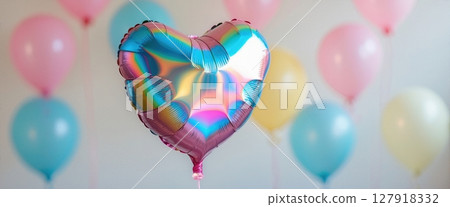 Festive Balloons A Heart-Shaped Foil Balloon Surrounded by Pastel Colored Balloons 127918332