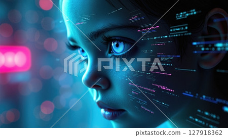 Futuristic Child with Digital Overlay A Vision of Tomorrow s Technology and Innocence 127918362