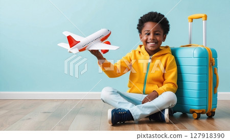Young Boy s Aviation Dreams Child with Toy Airplane and Suitcase Ready for Adventure 127918390