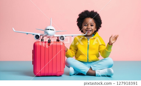 Little Traveler s Dream Young Girl with Suitcase and Toy Airplane on Colorful Backdrop 127918391