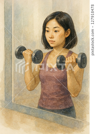 亞洲女性健身 | 水彩畫風格的運動插畫 | 鏡子前的自我挑戰 | 手持啞鈴的亞洲女性 | 肌肉訓練與成長瞬間 127918478