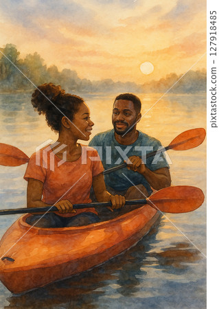 Love story of a couple on a boat | Romantic watercolor illustration | Couple kayaking date | Sunset and the two on the lake Love story of a couple on a boat | Romantic watercolor illustration | Couple kayaking date | Sunset and the two on the lake 127918485