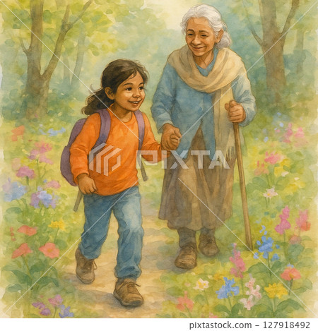 祖父母在花叢中漫步 | 溫馨的家庭回憶和自然森林的午後陽光 | 祖孫倆在春天散步 | 親情和自然風光 127918492