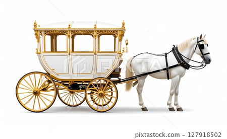 The carriage is white with gold decorations and the horses' reins are gold. 127918502