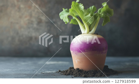 Turnip vegetable on clay pot and soil organic botanical gardening 127918599