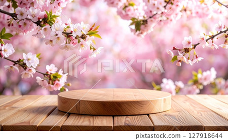 Wooden Circular Platform on Wooden Table Decorated with Cherry Blossoms and Cherry Blossom Background 127918644