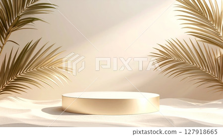 Golden Circular Platform Amid Palm Leaves on Light Beige Background with Light and Shadow Golden Circular Platform Amid Palm Leaves on Light Beige Background with Light and Shadow 127918665