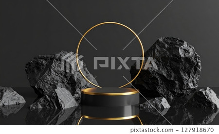 Black and Gold Circular Platform on Black Stone Background 127918670