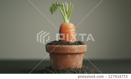 Carrot vegetable clay pot and soil miniature house plant botanical decoration 127918755