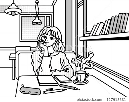 Smiling young woman resting her chin on her hand in a cafe Smiling young woman resting her chin on her hand in a cafe 127918881