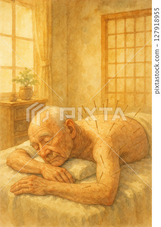 Acupuncture and moxibustion treatment for elderly people | Japanese-style healing space, central medicine health story | Watercolor-style health care field scene 127918955