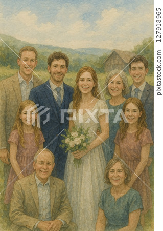 婚禮儀式與家人祝福｜水彩風格家庭祝福畫｜超幸福的家庭婚禮場地場景 127918965