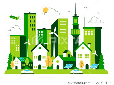 Green Building Vector Illustration Featuring a Beautiful Modern Eco Friendly Green City Panoramic View with Skyscrapers, Ecology and Sustainability Green Building Vector Illustration Featuring a Beautiful Modern Eco Friendly Green City Panoramic View with Skyscrapers, Ecology and Sustainability 127919182