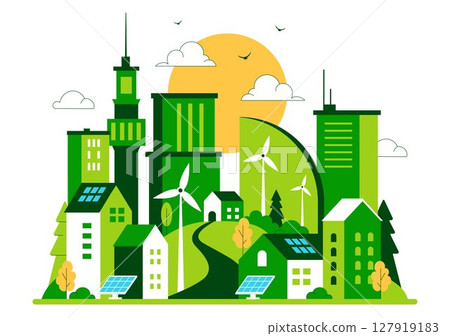 Green Building Vector Illustration Featuring a Beautiful Modern Eco Friendly Green City Panoramic View with Skyscrapers, Ecology and Sustainability 127919183
