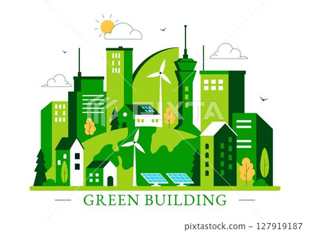 Green Building Vector Illustration Featuring a Beautiful Modern Eco Friendly Green City Panoramic View with Skyscrapers, Ecology and Sustainability 127919187