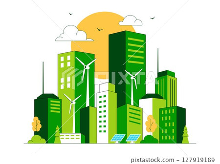 Green Building Vector Illustration Featuring a Beautiful Modern Eco Friendly Green City Panoramic View with Skyscrapers, Ecology and Sustainability 127919189