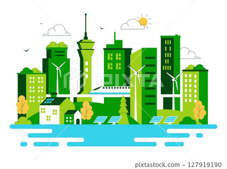 Green Building Vector Illustration Featuring a Beautiful Modern Eco Friendly Green City Panoramic View with Skyscrapers, Ecology and Sustainability 127919190