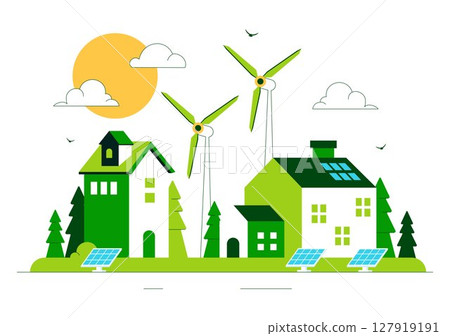 Green Building Vector Illustration Featuring a Beautiful Modern Eco Friendly Green City Panoramic View with Skyscrapers, Ecology and Sustainability 127919191