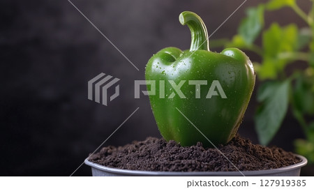 Green bell pepper vegetable clay pot and soil miniature house plant botanical decoration 127919385
