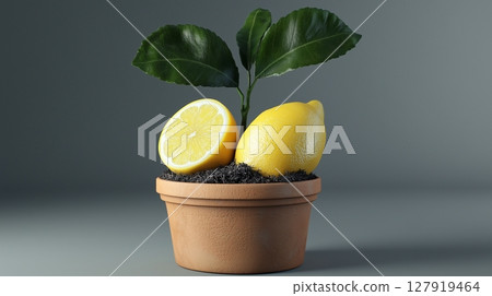 Mini plant lemon fruit on soil and clay pot for decoration nature care and healthy food lifestyle 127919464