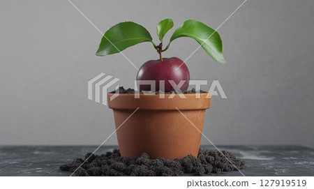 Mini plant plum fruit on soil and clay pot for decoration nature care and healthy food lifestyle 127919519