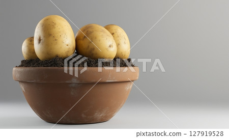 Potato vegetable clay pot and soil miniature house plant botanical decoration 127919528