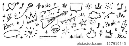 Doodle icon drawn punk music sketch set. Punk brush stroke texture with grunge lightning, arrow, speech bubble icon. Vector drawn guitar, crown, fire, crayon arrow doodle line. Vector 127919543