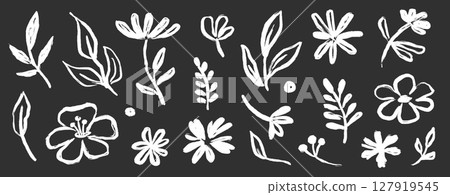 Flower brush hand drawn vector set. Hand drawn doodle flower, floral leaf elements in brush stroke ink style. Simple abstract botanical silhouette set for nature black paint art. Vector 127919545