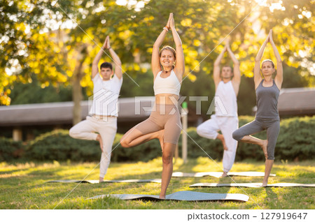 Yoga lesson visitors perform vrikshasana in park Yoga lesson visitors perform vrikshasana in park 127919647