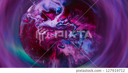 Flow texture. Round emulsion. Defocused red purple yellow colorful ink silver circle spreading on abstract neon acrylic background. Flow texture. Round emulsion. Defocused red purple yellow colorful ink silver circle spreading on abstract neon acrylic background. 127919712