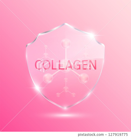 Collagen solution molecules pink in translucent glass shield modern. For design cosmetics products. Vitamins complex from nature. Medical health care skin protection. 3D Vector EPS10. 127919775