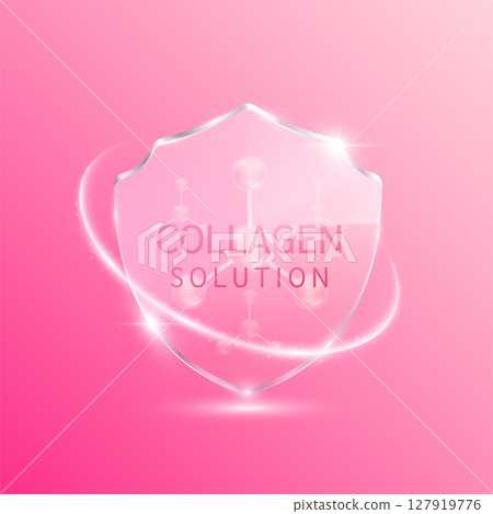 Collagen solution molecules pink in translucent glass shield modern surrounded by glowing ring. For design cosmetics products. Vitamins complex from nature. Medical health care skin protection. 3D Vec Collagen solution molecules pink in translucent glass shield modern surrounded by glowing ring. For design cosmetics products. Vitamins complex from nature. Medical health care skin protection. 3D Vec 127919776